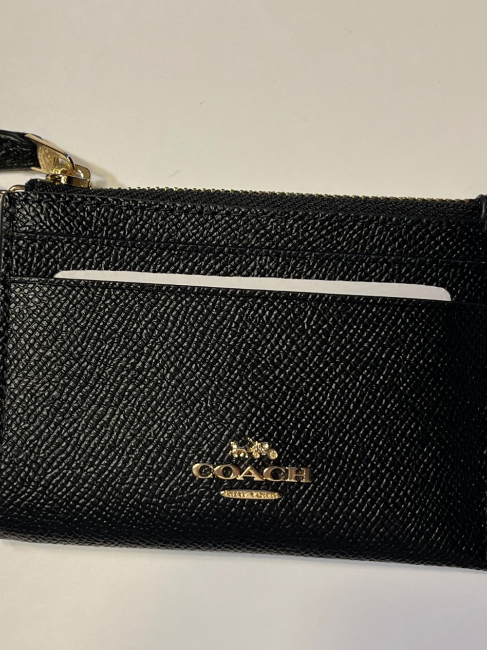 Coach Black Leather Zip Card Case Keychain Wallet ID Holder Gold Tone